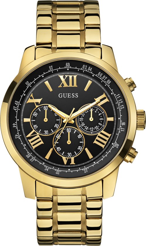 GUESS Heren 46mm horloge - gouden toon band zwarte wijzerplaat gouden toon kast, Zilveren Toon/Zilveren Toon/Zwart, Eén maat, Modern