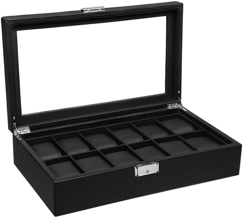 ROTHWELL, Horlogekast met 18 vakken, luxe horlogebox voor heren, echt glazen blad, afsluitbaar, elegant display voor collecties (bruin/tan